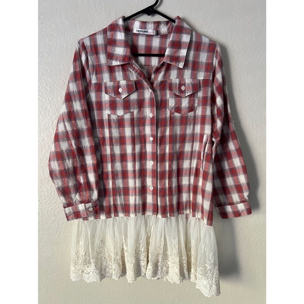 Like New! Origami Red Plaid Button-Up Shirt with Cream Lace Hem in Size S/M